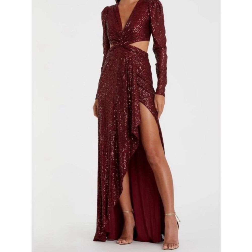 Ieena for MAC DUGGAL Sequined Criss Cross Long Sleeve Gown Dress   NWT Size 4